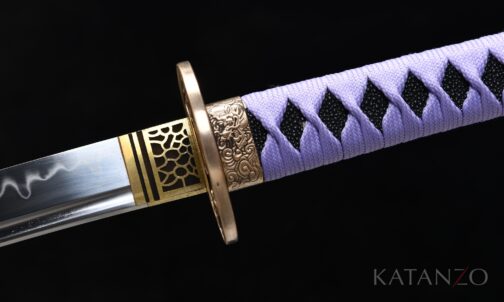 Messing-Tsuba des Murasaki Ryū Katana mit detailreichem Drachenmotiv
