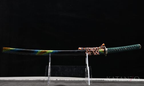 Onizumi Katana mit schwarzer Saya, petrolfarbener Seidenwicklung und farbigen Sprenkeln