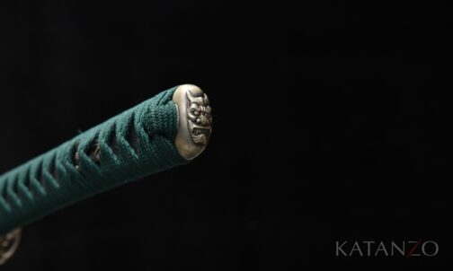 Onizumi Katana Griff mit echter Rochenhaut, petrolfarbener japanischer Seide und weissem Kupfer