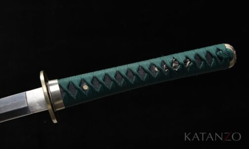 Onizumi Katana Griff mit echter Rochenhaut, petrolfarbener japanischer Seide und weissem Kupfer