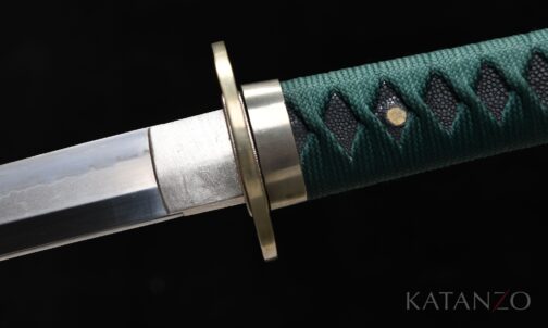 Onizumi Katana Griff mit echter Rochenhaut, petrolfarbener japanischer Seide und weissem Kupfer