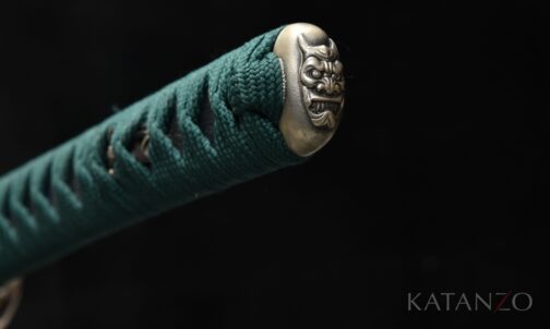 Onizumi Katana Griff mit echter Rochenhaut, petrolfarbener japanischer Seide und weissem Kupfer