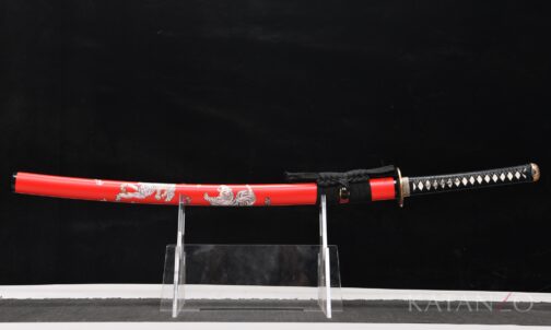 Byakko Katana mit roter Hartholz-Saya, weissen Tigermotiven und schwarzem Griff