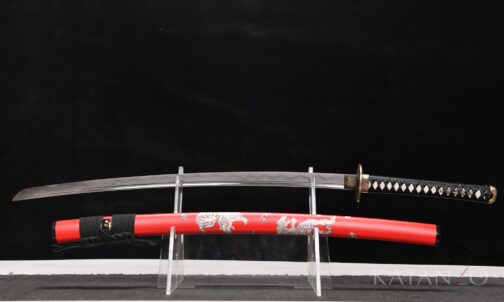 Byakko Katana mit roter Hartholz-Saya, weissen Tigermotiven und schwarzem Griff