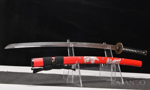 Byakko Katana mit roter Hartholz-Saya, weissen Tigermotiven und schwarzem Griff