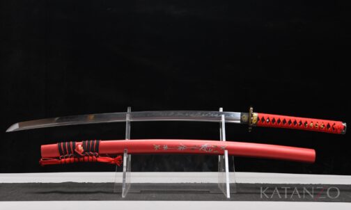 Kurenai Katana mit tiefroter Hartholz-Saya, Bambus- und Vogelmotiv sowie roter Griffwicklung