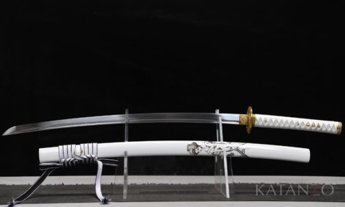 Shiro no Otome Katana mit weisser Hartholz-Saya, figürlichem Motiv und goldfarbenen Messingbeschlägen