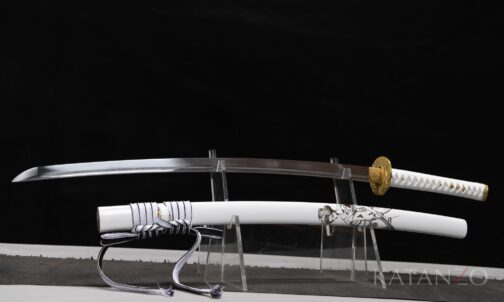 Shiro no Otome Katana mit weisser Hartholz-Saya, figürlichem Motiv und goldfarbenen Messingbeschlägen