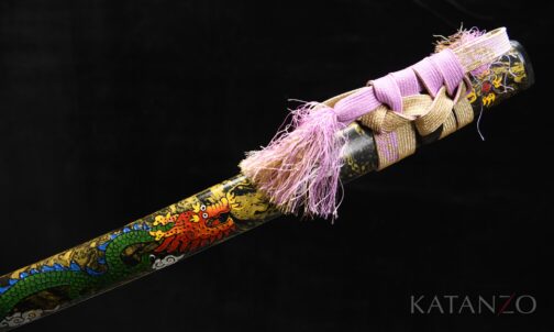 Midoriryū Katana mit handbemalter Hartholz-Saya, grünem Drachenmotiv und Büffelhornabschlüssen