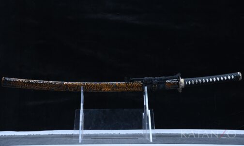 Kohakuryū Katana mit dunkler Hartholz-Saya und bernsteinfarbenem Drachenmotiv